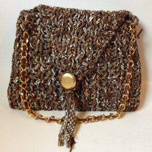 Loose Knit Purse Handbag Fashioned by SA-BE Beige Black Brown Crochet Gold Chain